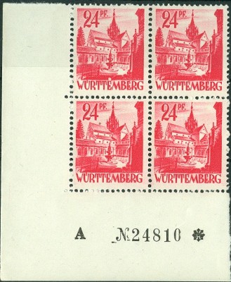 Alliierte Besetzung Württenberg 1947 MiNr. 8 ViererStück Bogen A..jpg
