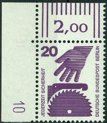 Berlin 1972 MiNr.404A UnfallverhütungII 20er BogenEcke.jpg