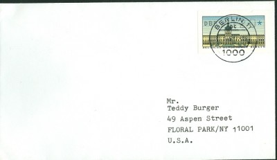 Berlin 1987, AutomatenMarke MiNr.1, Ersttagsbeleg in die USA-1.jpg